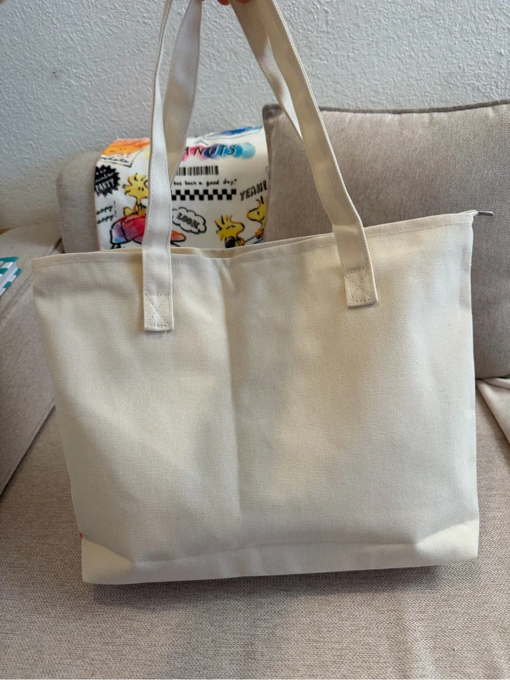 Peanuts Canvas Tote with Green Car, Coral Accent